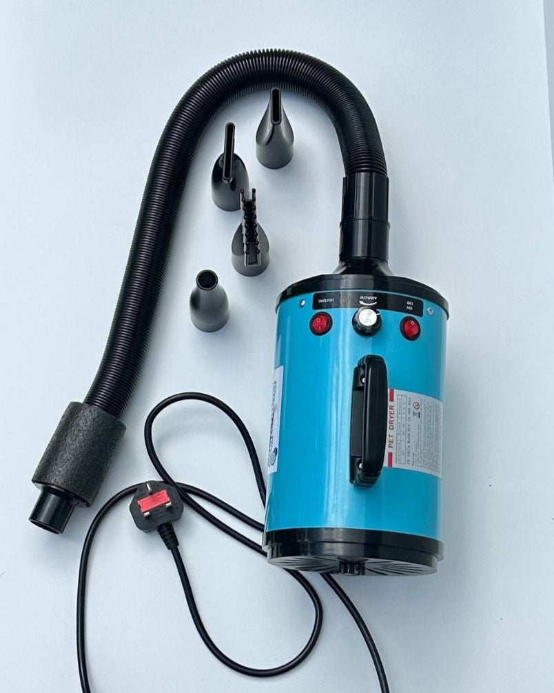 dog dryer with black hose on a light gray background
